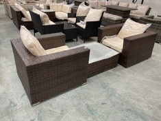 2 X 1 SEATER RATTAN GARDEN ARMCHAIRS IN BROWN TO INCLUDE RATTAN GARDEN COFFEE TABLE IN BROWN