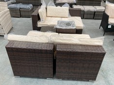 2 X 1 SEATER RATTAN BENCH IN BROWN TO INCLUDE 2 SEATER RATTAN GARDEN SOFA IN BROWN TO INCLUDE GLASS TOP RATTAN SIDE TABLE IN BROWN