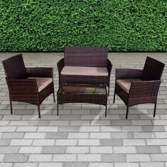 2 SEATER RATTAN GARDEN SOFA IN BROWN TO INCLUDE 2 X RATTAN GARDEN CHAIRS IN BROWN TO INCLUDE GLASS TOP RATTAN GARDEN COFFEE TABLE IN BROWN