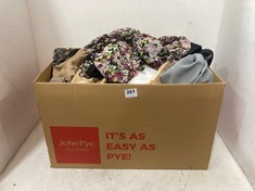 BOX OF ASSORTED ADULTS CLOTHING TO INCLUDE ASOS DESIGN FLORAL DRESS SIZE 14 IN PURPLE / GREEN / BLACK