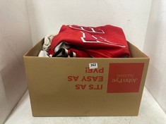 BOX OF ASSORTED ADULT CLOTHING TO INCLUDE HOLLOWAY COLLEGE VARSTIY JACKET SIZE XL IN RED