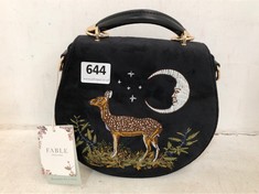 FABLE ENGLAND DEER & MOON VELVET EMBROIDERED SADDLE BAD IN BLACK - RRP £90