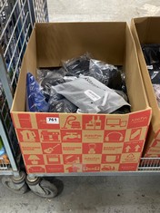 BOX OF ASSORTED CLOTHING TO INCLUDE STANPETIX JOGGERS BLACK/WHITE SIZE SM