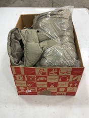 BOX OF ASSORTED CLOTHES TO INCLUDE BODY THE RECYCLED MOTHER PUFFER JACKET IN DUSTY KHAKI SIZE SMALL