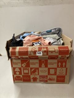 BOX OF ASSORTED CLOTHING IN VARIOUS SIZES & DESIGNS