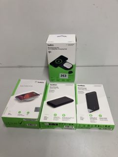 4 X ASSORTED BELKIN PRODUCTS TO INCLUDE BOOSTCHARGE PRO 2 IN 1 MAGNETIC CHARGING PAD