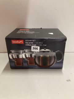 BODUM ASSAM SET TEA PRESS & 2 GLASS MUGS