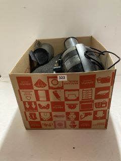 BOX OF ASSORTED KITCHEN ITEMS TO INCLUDE BLUE VINYL GLOVES