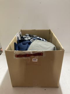 BOX OF ASSORTED CLOTHING IN VARIOUS SIZES & DESIGNS