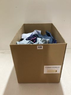 BOX OF ASSORTED CLOTHING IN VARIOUS SIZES & DESIGNS