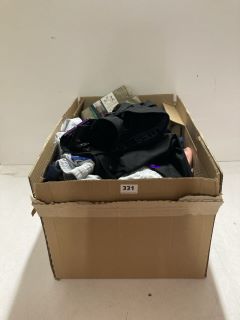 BOX OF ASSORTED CLOTHING IN VARIOUS SIZES & DESIGNS