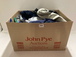 BOX OF ASSORTED CLOTHING IN VARIOUS SIZES & DESIGNS