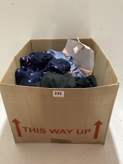 BOX OF ASSORTED CLOTHING IN VARIOUS SIZES & DESIGNS