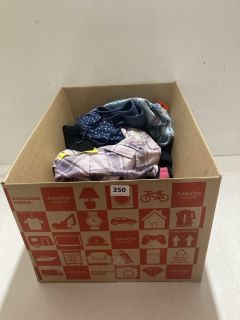 BOX OF ASSORTED CLOTHING IN VARIOUS SIZES & DESIGNS