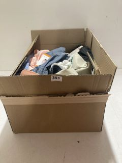 BOX OF ASSORTED CLOTHING IN VARIOUS SIZES & DESIGNS