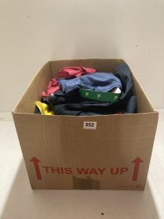 BOX OF ASSORTED CLOTHING IN VARIOUS SIZES & DESIGNS