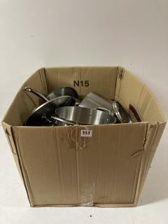 BOX OF ASSORTED COOKING PANS TO INCLUDE TRAMONTINA