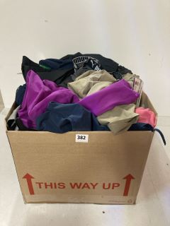 BOX OF ASSORTED CLOTHING IN VARIOUS SIZES & DESIGNS