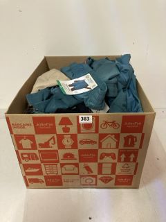 BOX OF ASSORTED CLOTHING IN VARIOUS SIZES & DESIGNS