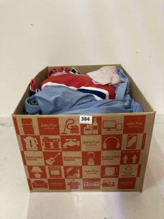 BOX OF ASSORTED CLOTHING IN VARIOUS SIZES & DESIGNS