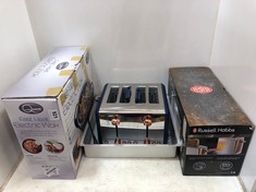 4 X ASSORTED KITCHEN ITEMS TO INCLUDE RUSSELL HOBBS LUNA COPPER ACCENTS LONG SLOT TOASTER