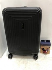 SAMSONITE HARD SHELL SUITCASE IN BLACK TO INCLUDE SAMSONITE DISNEY LUGGAGE COVER - MEDIUM