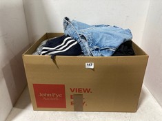 BOX OF ASSORTED ADULT CLOTHING TO INCLUDE ZARA MINI DENIM SKIRT BLUE STONEWASH SIZE EUR-XS