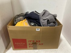 BOX OF ASSORTED ADULT CLOTHING TO INCLUDE BENCH CARGO TROUSERS STEEL GREY SIZE 36