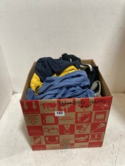 BOX OF ASSORTED ADULT BRANDED CLOTHING TO INCLUDE SUPERDRY VINTAGE T-SHIRT DARK GREY WITH LOGO SIZE 14