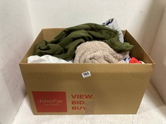 BOX OF ASSORTED ADULT CLOTHING TO INCLUDE RUSSELL ATHLETIC HOODIE GREY MARL WITH NAVY LOGO SIZE M