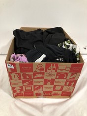 BOX OF ASSORTED ADULT CLOTHING TO INCLUDE MP MENS TEMPO SHORTS BLACK/WHITE SIZE SM