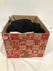 BOX OF ASSORTED ADULT CLOTHING TO INCLUDE DAVID LUKE SENIOR TROUSERS SLIM FIT GREY SIZE W30/L34