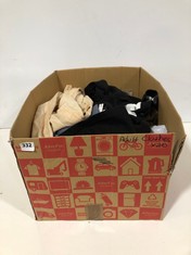 BOX OF ASSORTED ADULT CLOTHING TO INCLUDE ADPT ALLEN TROUSERS BLACK SIZE 36/32