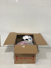 BOX OF ASSORTED HELMETS TO INCLUDE M-CRO HELMET WHITE UNICORN SIZE SM