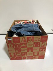 BOX OF ASSORTED ADULT CLOTHING TO INCLUDE DENIM SHORTS BLUE SIZE XL