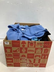 BOX OF ASSORTED ADULT CLOTHING TO INCLUDE CALLAWY GOLD KNIT SWEATER LIGHT BLUE SIZE M