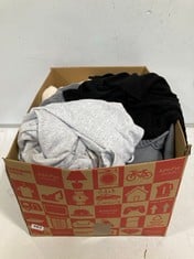 BOX OF ASSORTED ADULT CLOTHING TO INCLUDE STRAIGHT JOGGERS LIGHT GREY MARL SIZE 2