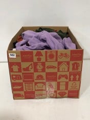 BOX OF ASSORTED ADULT CLOTHING TO INCLUDE H&M SWEATER LILAC WITH LOGO SIZE EUR-SM