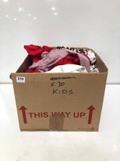 BOX OF ASSORTED KIDS CLOTHING TO INCLUDE EVE & MILO SHORT SLEEVE SHIRT WHITE SIZE 4-5YRS