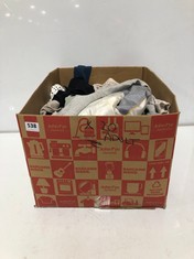 BOX OF ASSORTED ADUTL CLOTHING TO INCLUDE ZARA BASIC SINGLE BREASTED BLAZER LIGHT GREY MARL SIZE EUR-XL