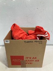 BOX OF ASSORTED ADULT BRANDED CLOTHING TO INCLUDE ADIDAS SWEAT SHORTS DARK ORANGE SIZE UNKNOWN