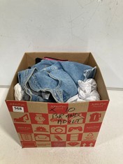 BOX OF ASSORTED ADULT BRANDED CLOTHING TO INCLUDE LEVI DENIM SHORTS LIGHT BLUE SIZE 28