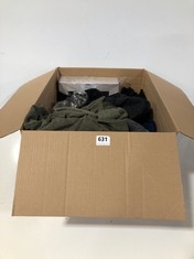 BOX OF ASSORTED CLOTHING TO INCLUDE ADIDAS LONG SLEEVE TOP BROWN SIZE 10