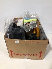 BOX OF ASSORTED HOUSEHOLD ITEMS TO INCLUDE COZY WRAP WHEELCHAIR COVER BLACK