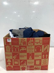 BOX OF ASSORTED ADULT CLOTHING TO INCLUDE HELLY HANSEN HOODED LIGHTWEIGHT JACKET NAVY/GREY SIZE XS