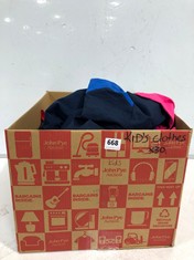 BOX OF ASSORTED KIDS CLOTHING TO INCLUDE ADIDAS HOODED LIGHTWEIGHT JACKET NAVY/BLUE SIZE 13-14YRS