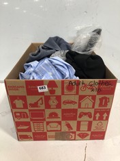 BOX OF ASSORTED ADULT CLOTHING TO INCLUDE DIVIDED LONG SLEEVE SHIRT BLUE/WHITE STRIPE SIZE EUR-M