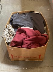 BOX OF ASSORTED ADULT CLOTHING TO INCLUDE FRUIT OF THE LOOM HOODIE BURGUNDY SIZE XL