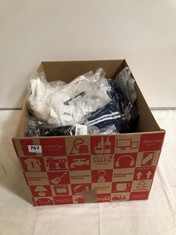 BOX OF ASSORTED ADULT CLOTHING TO INCLUDE NEW LOOK COLOUR BLOCK BODY SUIT WHITE SIZE 16