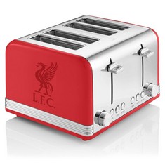 QTY OF ITEMS TO INCLUDE 1X SWAN OFFICIAL LIVERPOOL FOOTBALL CLUB 4 SLICE RETRO TOASTER, RED, 1600W, RED INDICATOR LIGHTS, DEFROST AND REHEAT SETTINGS, REMOVABLE CRUMB TRAY, CORD STORAGE, LFC TOASTER,